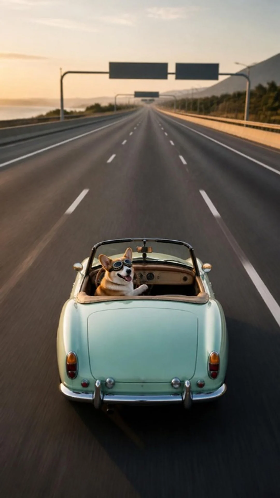 Corgi manejando un convertible en la costa