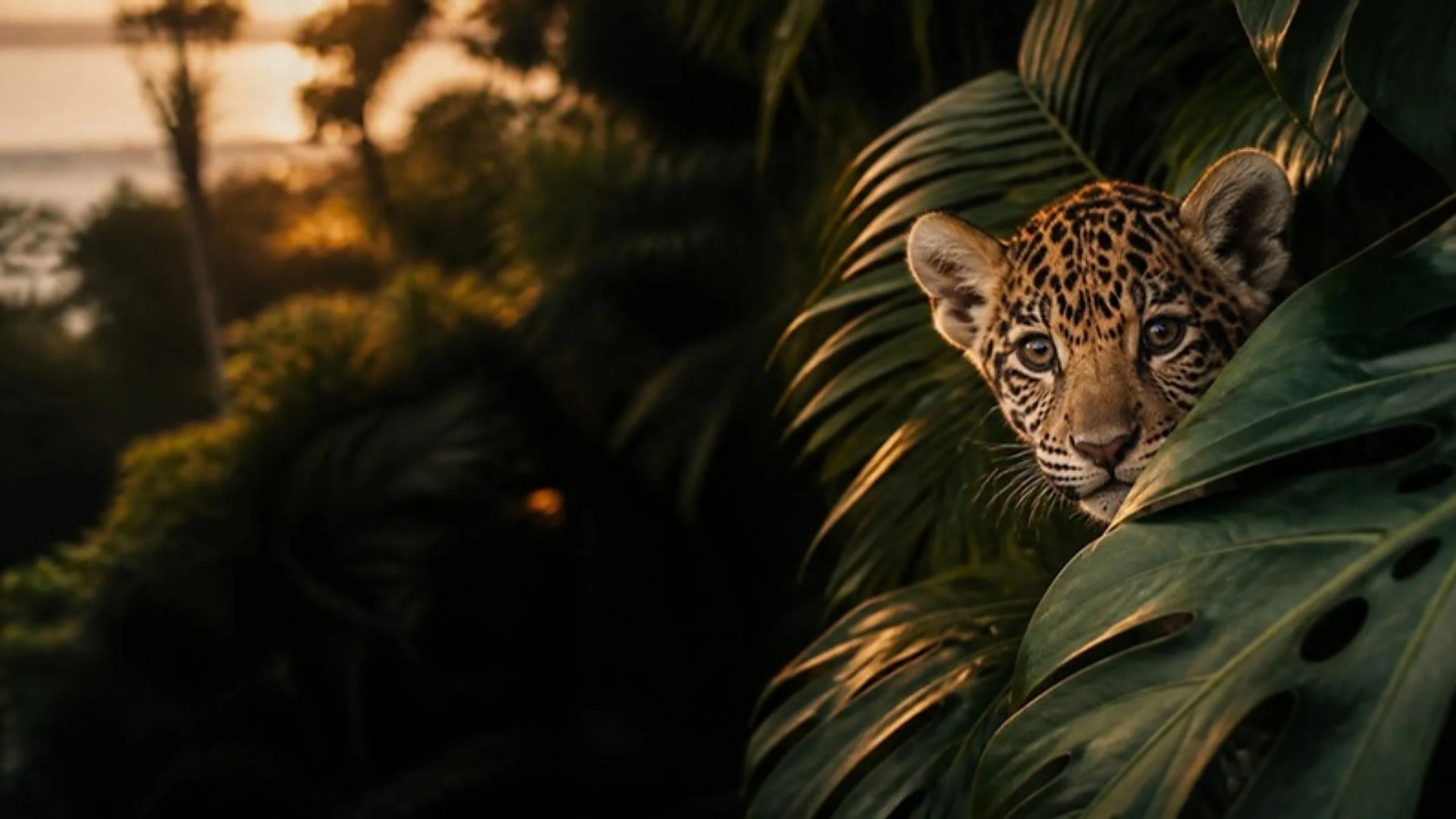 Cachorro de jaguar asomándose entre hojas tropicales