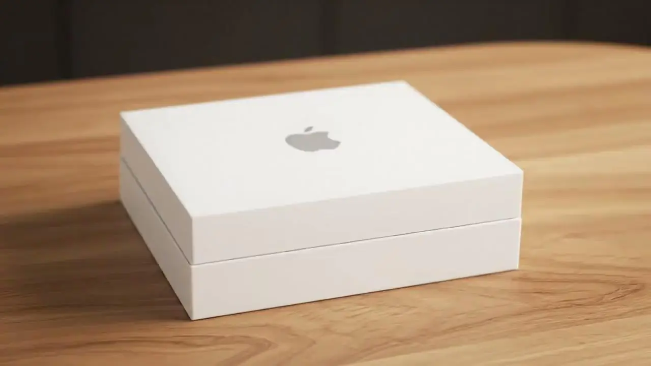 Caja blanca con logo de Apple sobre una mesa de madera