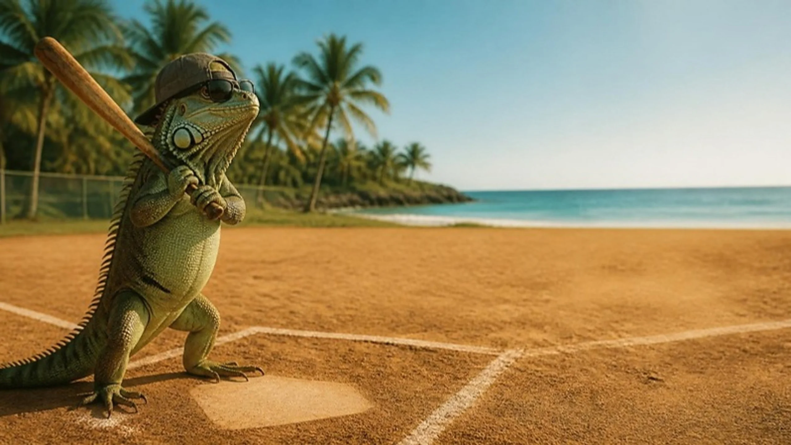 Iguana con gorra lista para batear en un campo de playa