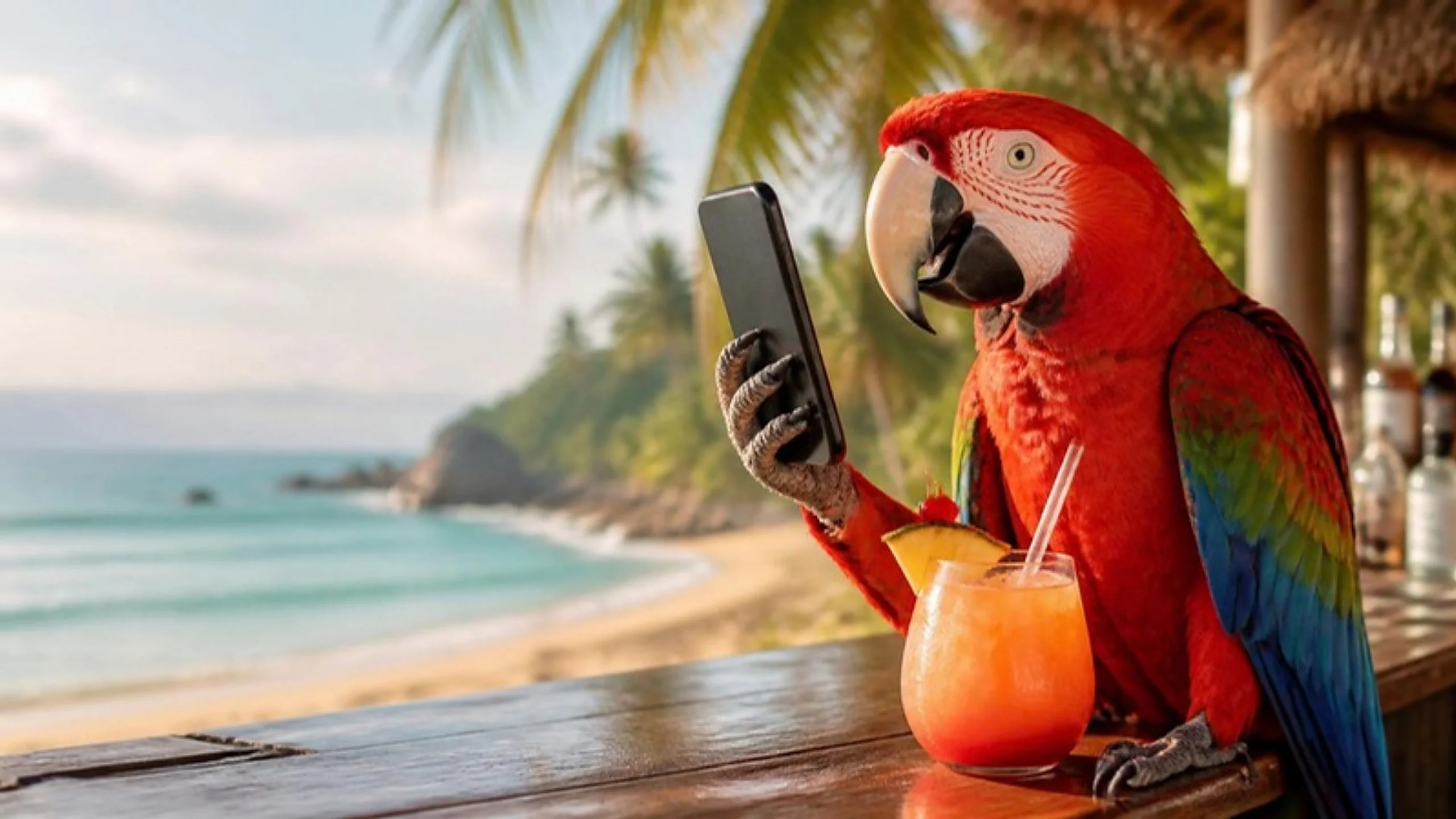 Guacamaya con celular lista para votar