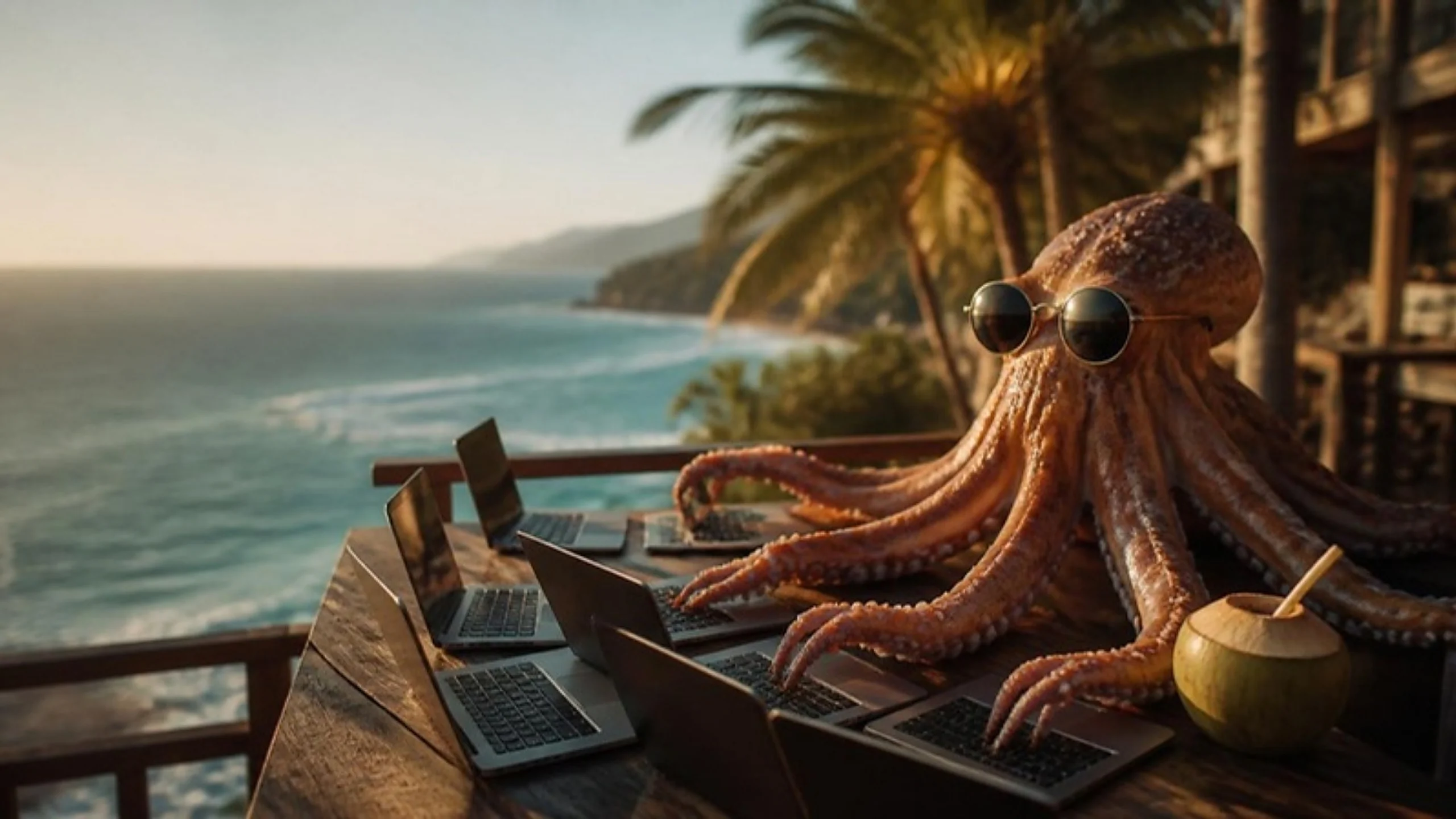 Pulpo con lentes trabajando en ocho laptops a la vez
