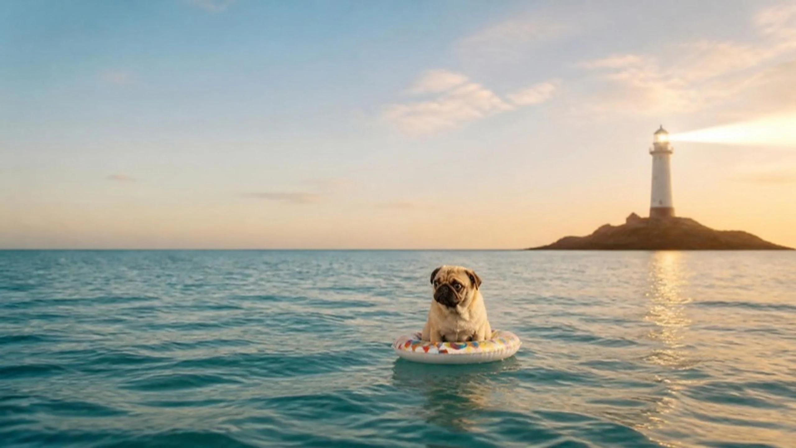 Pug en un flotador perdido en el mar con un faro a lo lejos