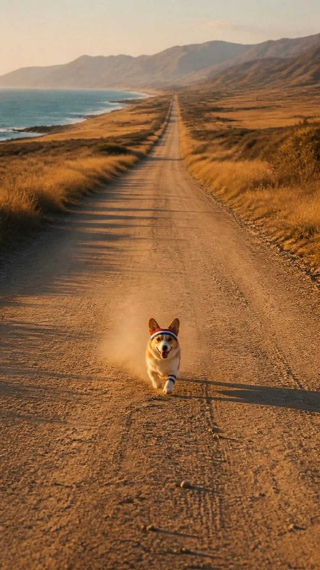 Corgi corriendo en un camino de tierra